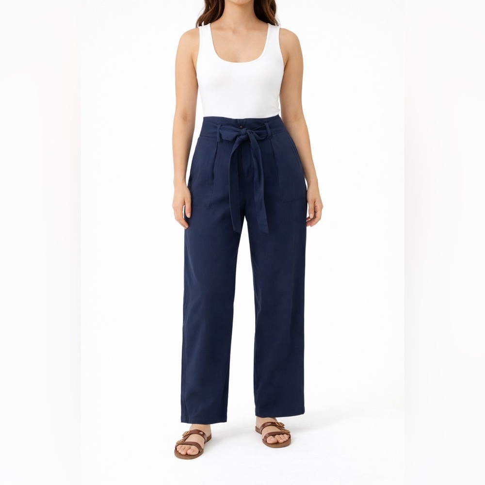LUNIK High-Rise Navy Straight-Leg Pants with Self Tie